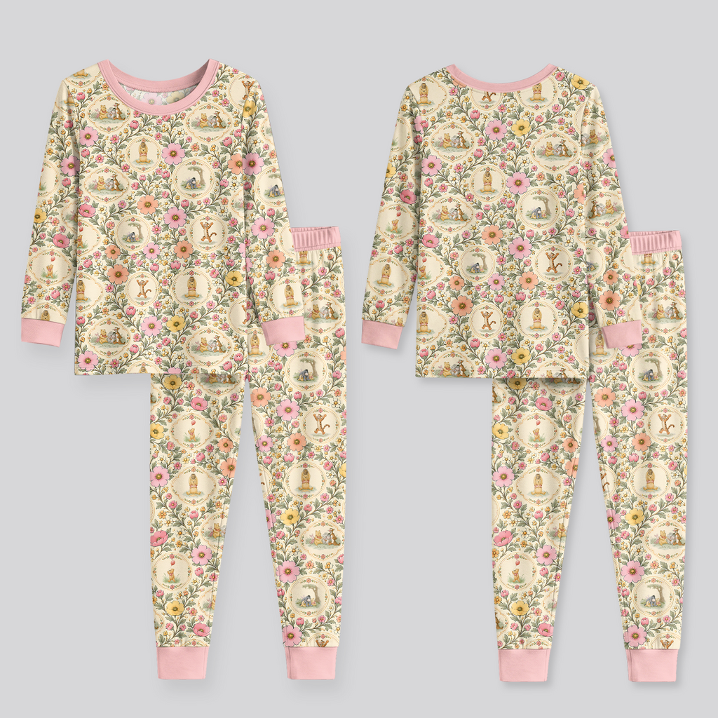 Floral Silly Bear and Friends Bamboo Two Piece Long Sleeve Pajama Set