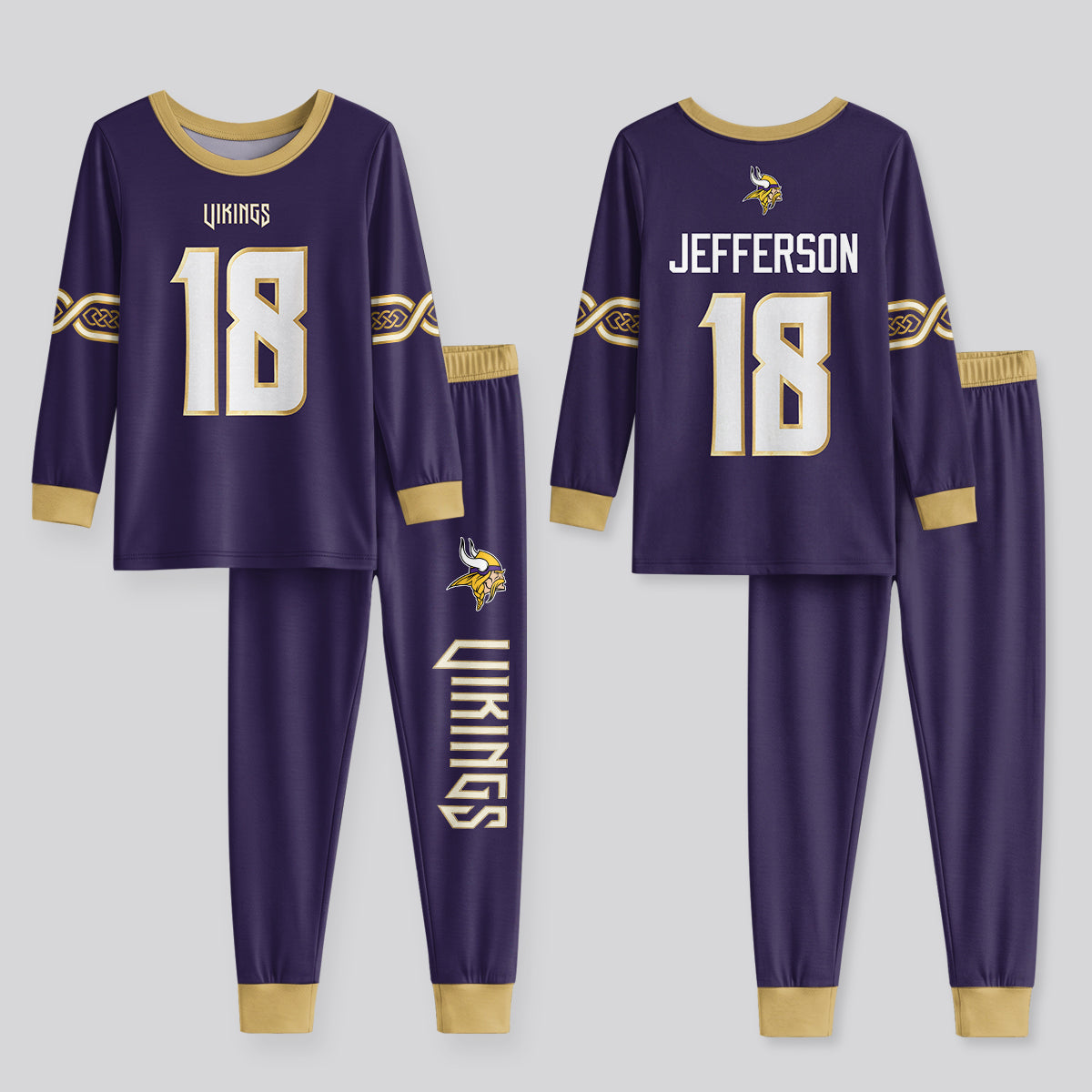Vikings Football Jefferson 18! Inspired Bamboo Two Piece Long Sleeve Pajama Set