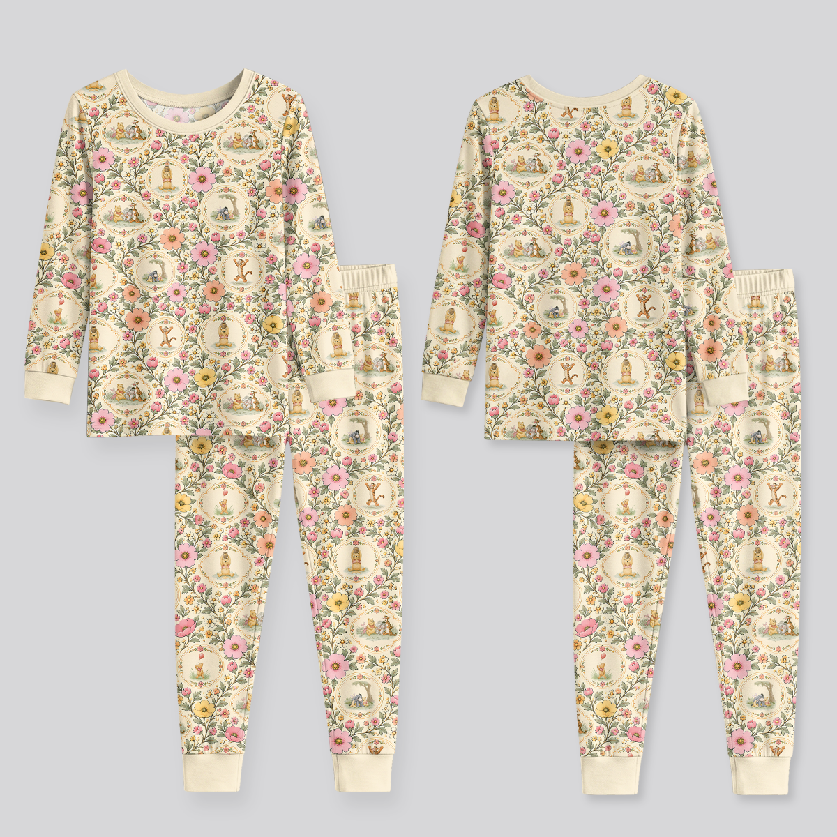 Floral Silly Bear and Friends Bamboo Two Piece Long Sleeve Pajama Set