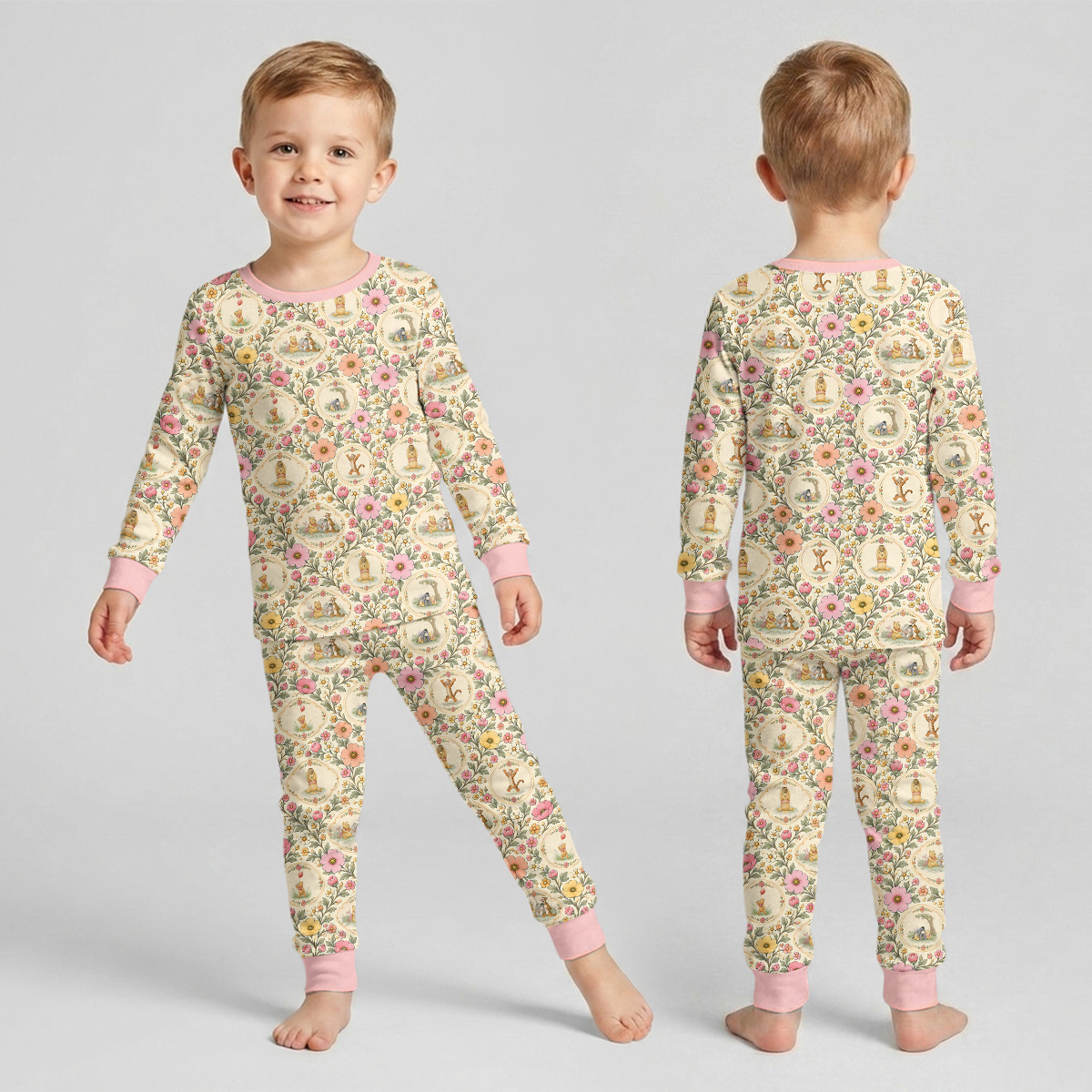 Floral Silly Bear and Friends Bamboo Two Piece Long Sleeve Pajama Set
