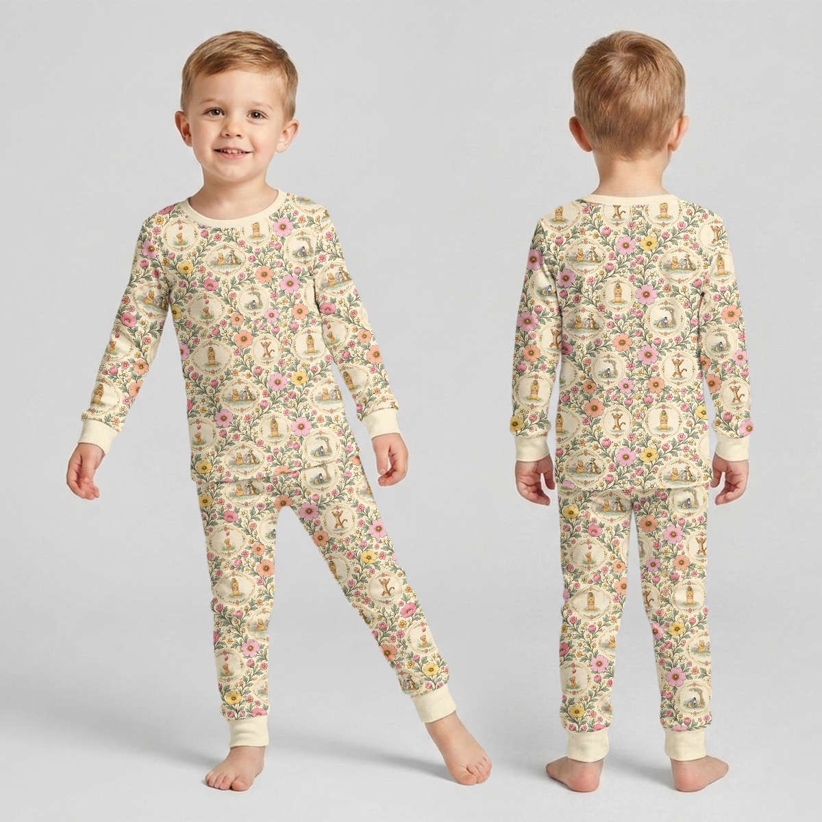 Floral Silly Bear and Friends Bamboo Two Piece Long Sleeve Pajama Set
