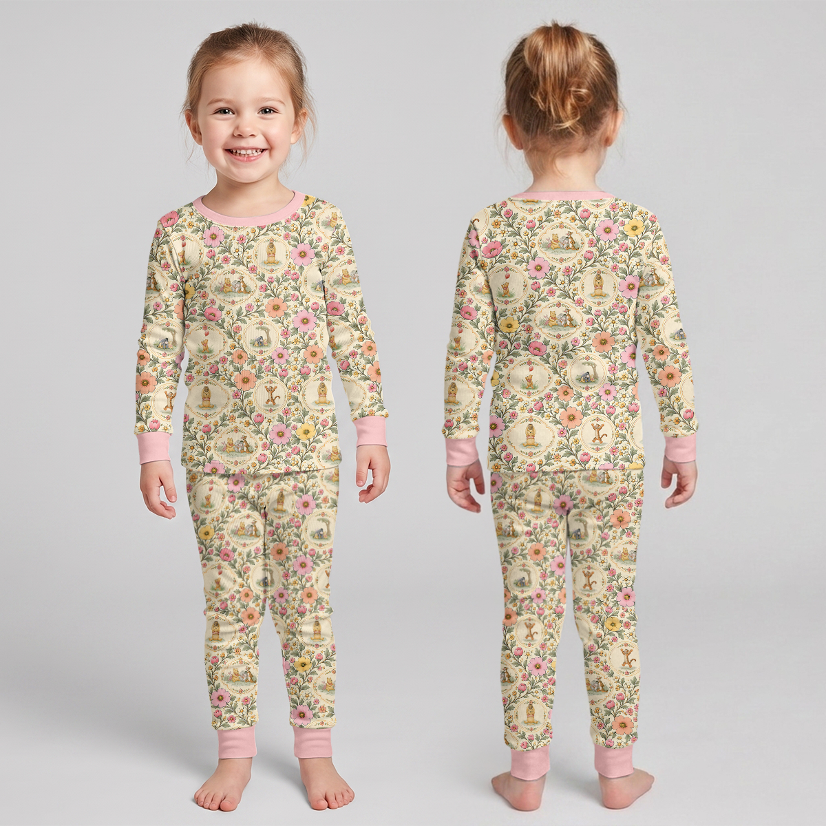 Floral Silly Bear and Friends Bamboo Two Piece Long Sleeve Pajama Set